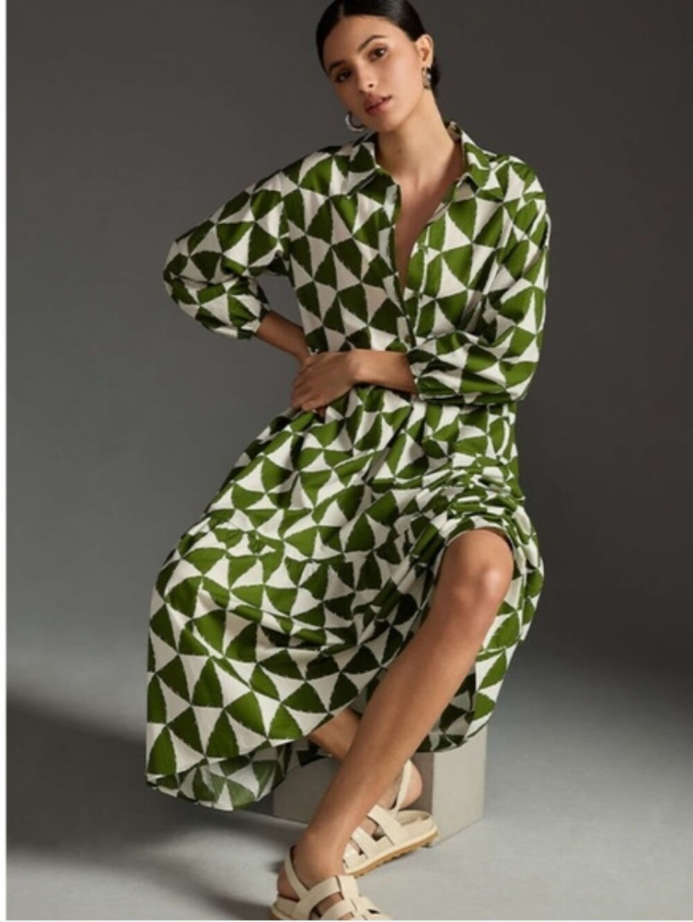 Maeve The Bettina Olive Green & White Geometric Midi Shirt Dress Size 1X Used - Picture 5 of 16